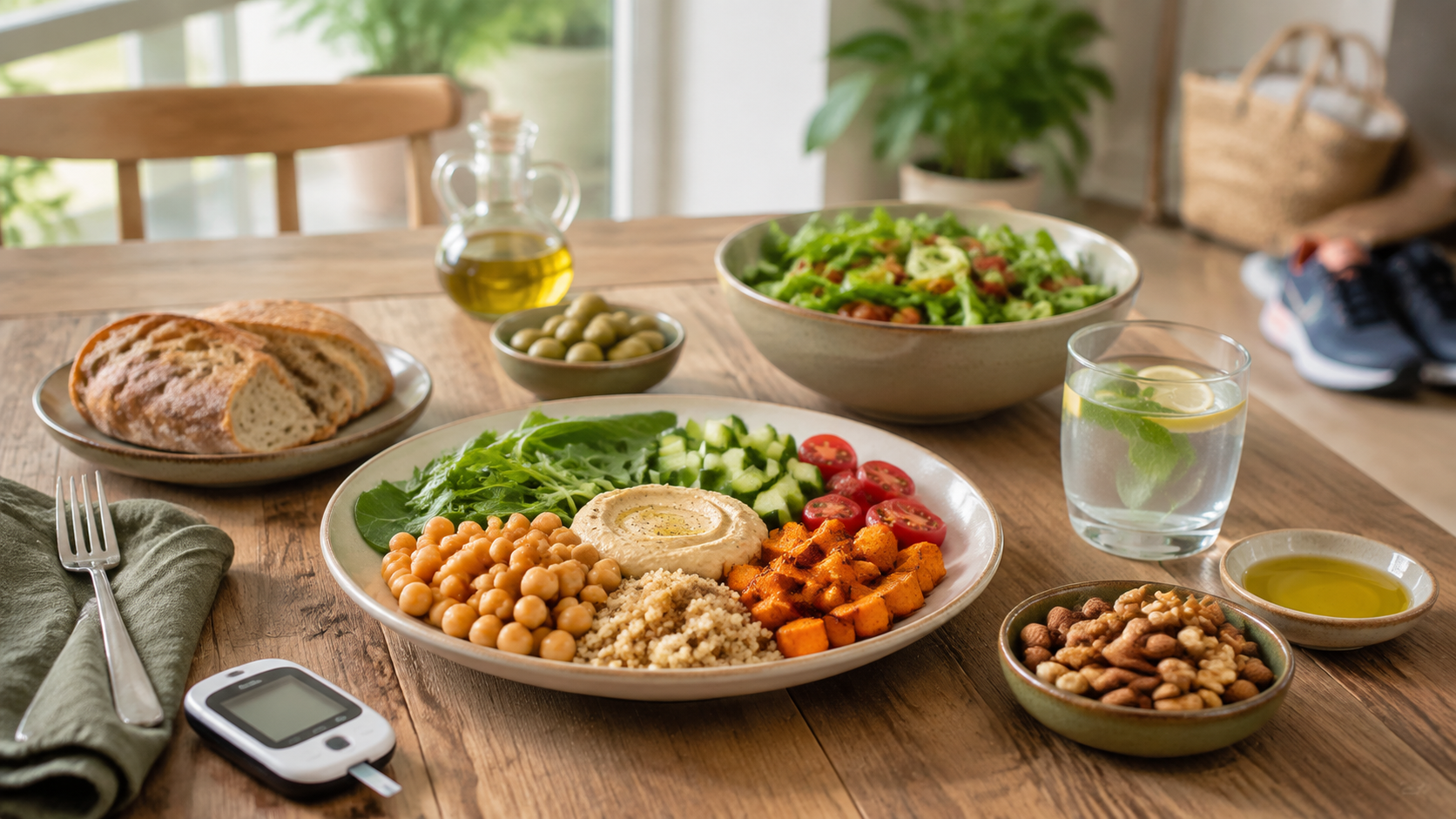 ארוחה מאוזנת לצד מד סוכר ונעלי הליכה, תזונה ותנועה לאיזון סוכר ופחמימות